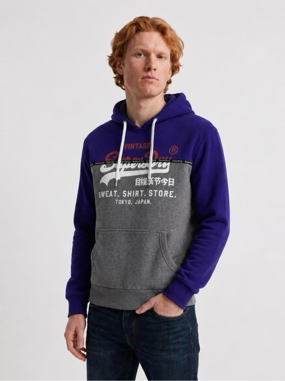 SUPERDRY SIZE XL BLUE GRAY RED Colorblock Pullover Hoodie